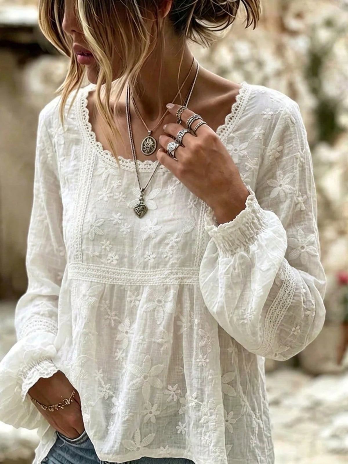 Women's Embroidered Flare Cuff French Sheer Blouse