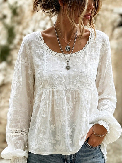 Women's Embroidered Flare Cuff French Sheer Blouse