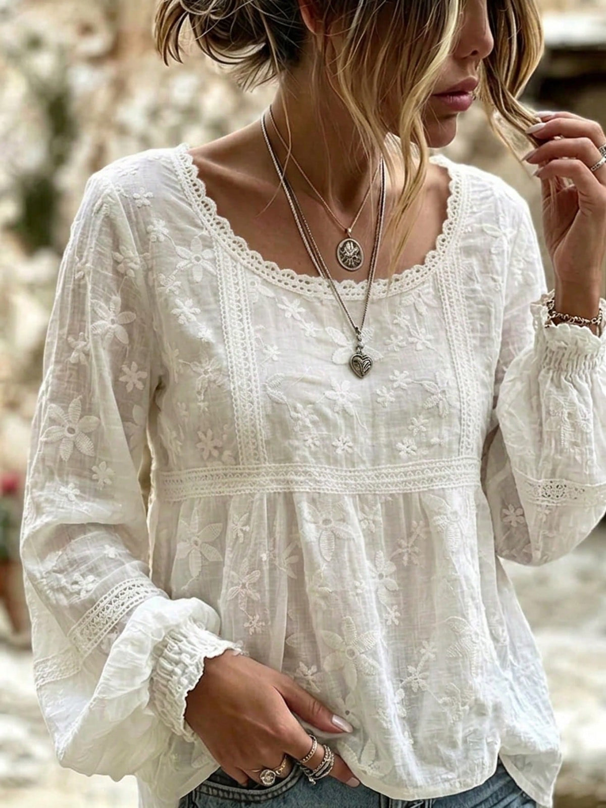 Women's Embroidered Flare Cuff French Sheer Blouse