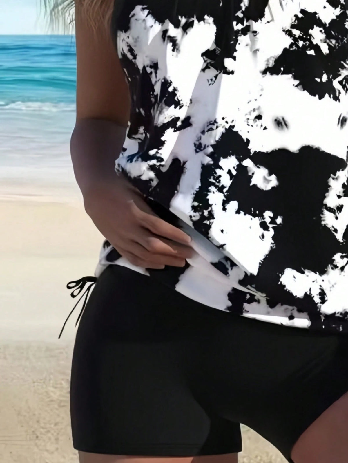 Women's Fashion Tie-Dye Camisole Swimwear Set, With Drawstring Pullover Top And Shorts, Square Neck Backless Casual Swimwear Vacation Beach Summer