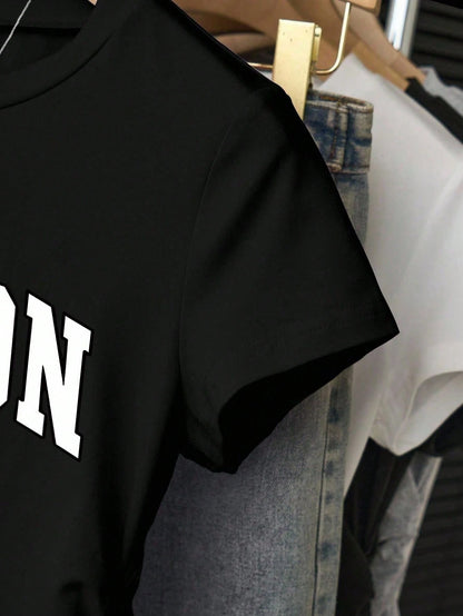 Women's Fitted T-Shirt With English Letter Print, Slimming & Elegant Style, European & American