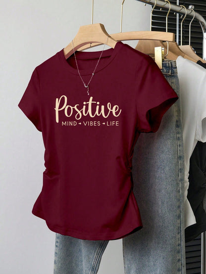 Women's Fitted T-Shirt With English Letter Print, Slimming & Elegant Style, European & American