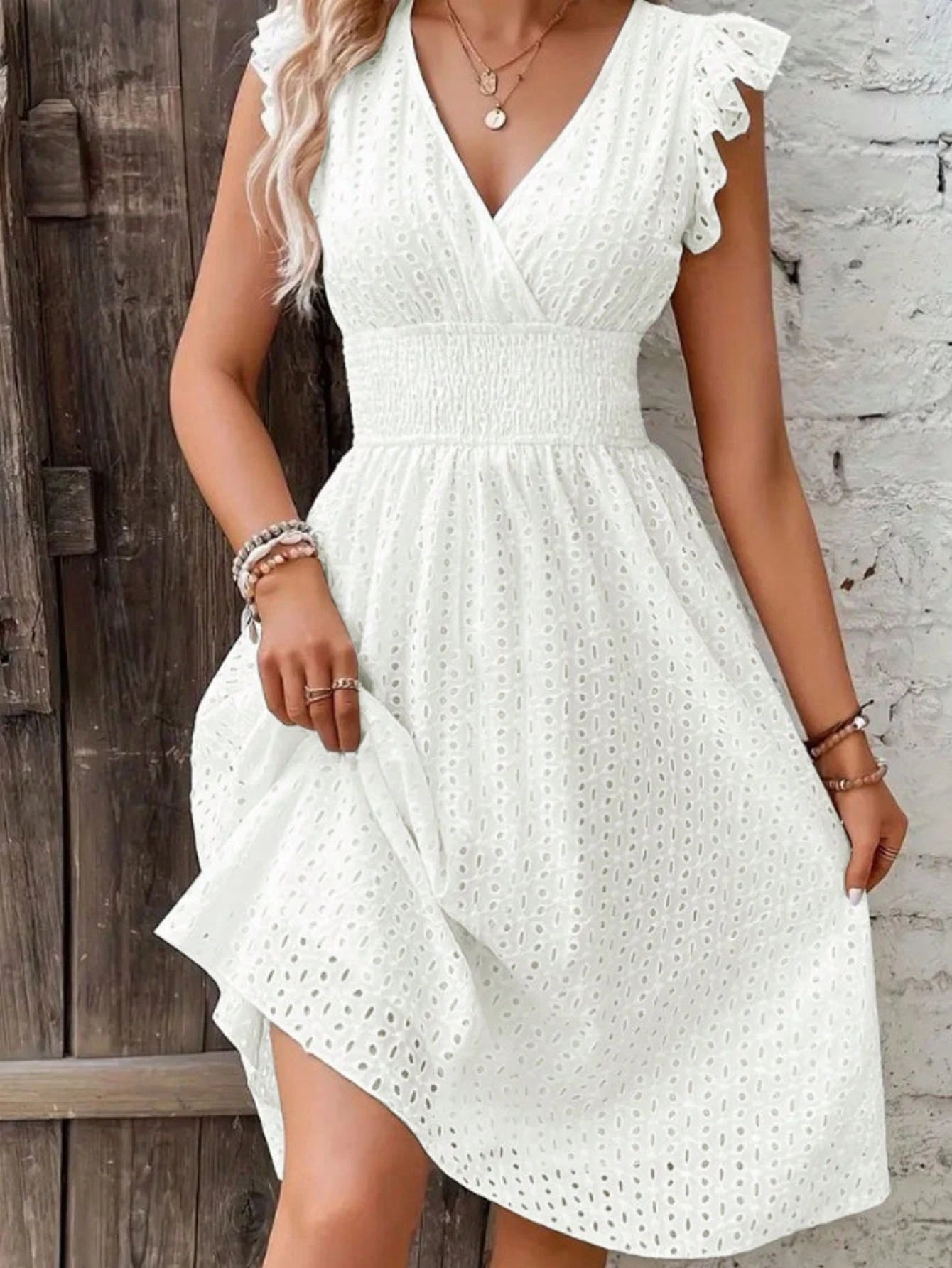 Women's Floral Jacquard Hollow Out Elegant V-Neck A-Line Ruffle Sleeve Midi Dress, With Ruffle Hem White Summer, Resort Wear