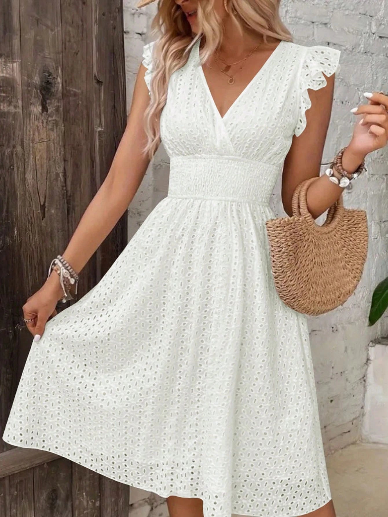 Women's Floral Jacquard Hollow Out Elegant V-Neck A-Line Ruffle Sleeve Midi Dress, With Ruffle Hem White Summer, Resort Wear