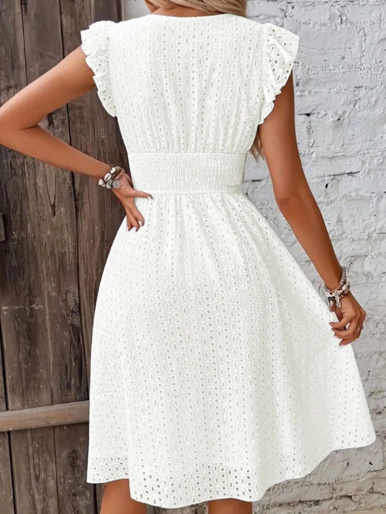Women's Floral Jacquard Hollow Out Elegant V-Neck A-Line Ruffle Sleeve Midi Dress, With Ruffle Hem White Summer, Resort Wear