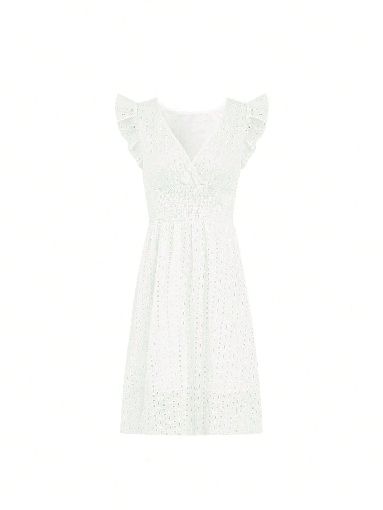Women's Floral Jacquard Hollow Out Elegant V-Neck A-Line Ruffle Sleeve Midi Dress, With Ruffle Hem White Summer, Resort Wear