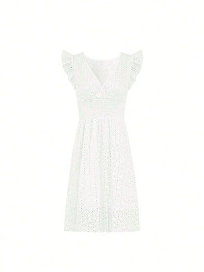 Women's Floral Jacquard Hollow Out Elegant V-Neck A-Line Ruffle Sleeve Midi Dress, With Ruffle Hem White Summer, Resort Wear