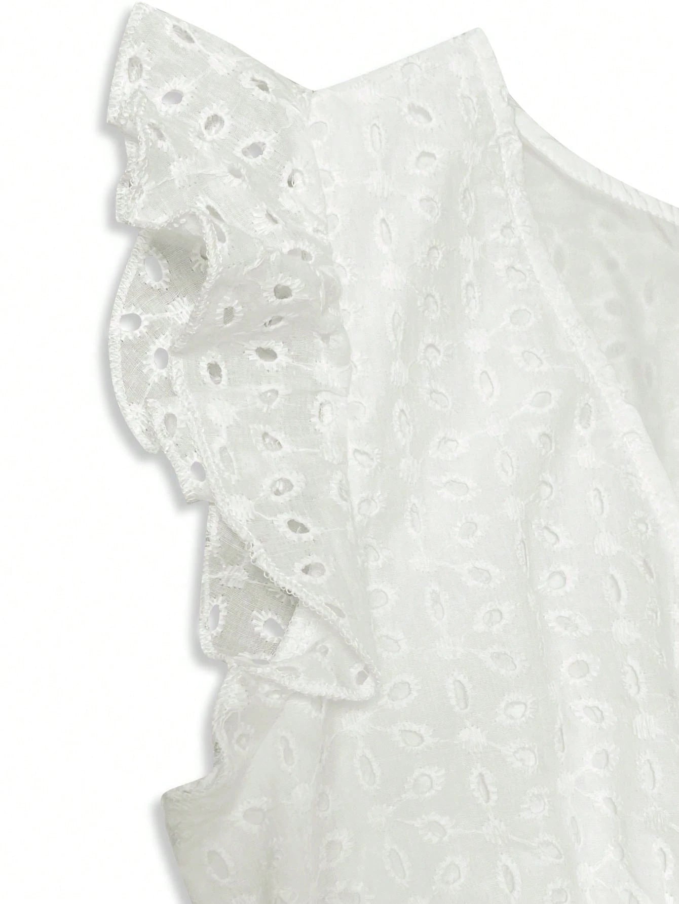Women's Floral Jacquard Hollow Out Elegant V-Neck A-Line Ruffle Sleeve Midi Dress, With Ruffle Hem White Summer, Resort Wear
