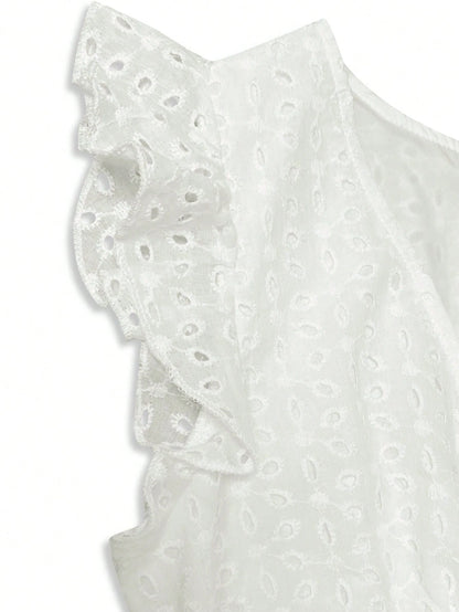 Women's Floral Jacquard Hollow Out Elegant V-Neck A-Line Ruffle Sleeve Midi Dress, With Ruffle Hem White Summer, Resort Wear