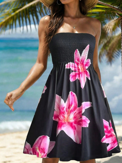 Women's Floral Patchwork Strapless Tube Top Summer Dress, Vacation Beach Cover-Up Elegant Black