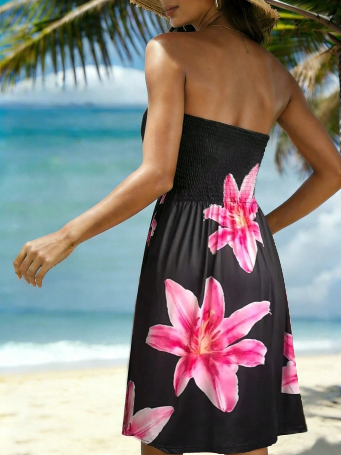 Women's Floral Patchwork Strapless Tube Top Summer Dress, Vacation Beach Cover-Up Elegant Black