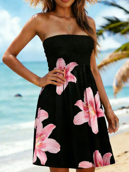 Women's Floral Patchwork Strapless Tube Top Summer Dress, Vacation Beach Cover-Up Elegant Black