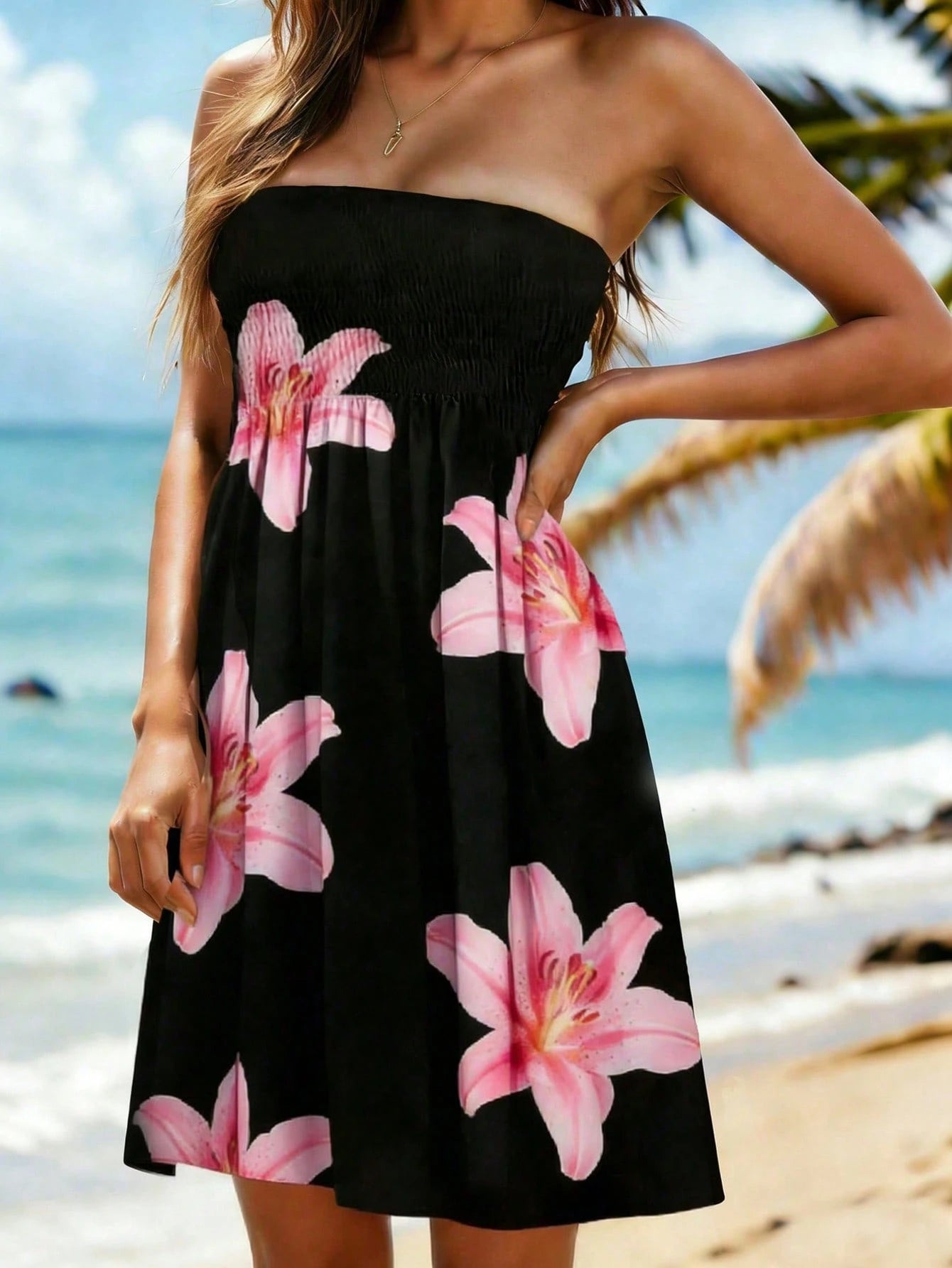 Women's Floral Patchwork Strapless Tube Top Summer Dress, Vacation Beach Cover-Up Elegant Black