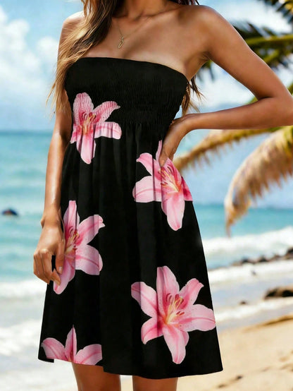 Women's Floral Patchwork Strapless Tube Top Summer Dress, Vacation Beach Cover-Up Elegant Black