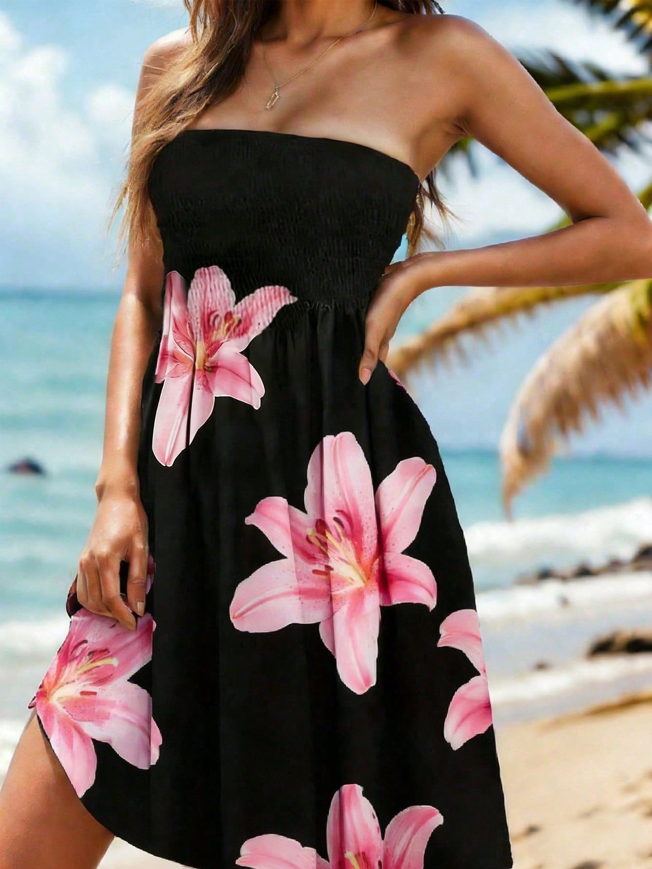 Women's Floral Patchwork Strapless Tube Top Summer Dress, Vacation Beach Cover-Up Elegant Black