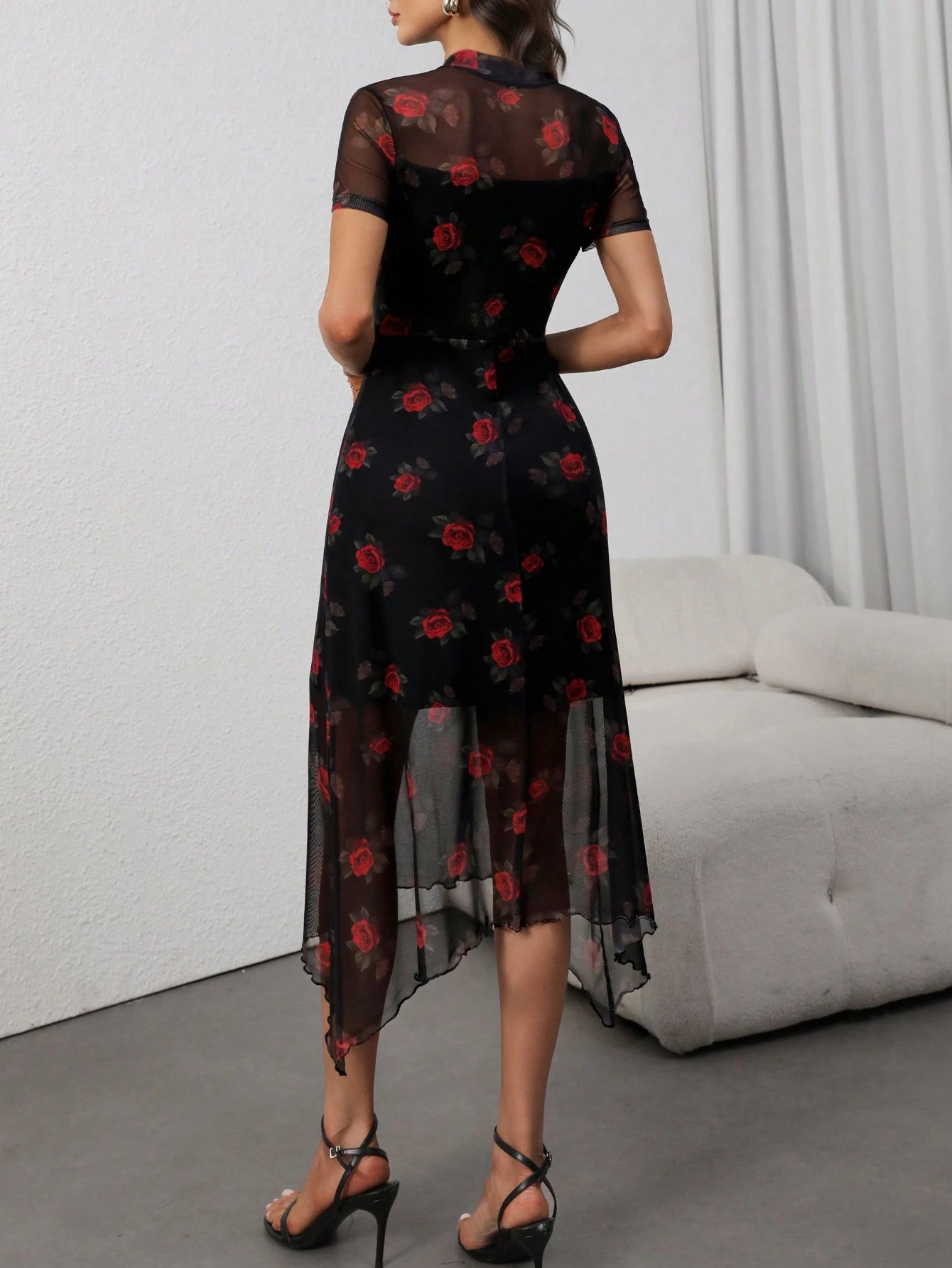Women's Gothic Sexy, Elegant, Retro Dark Rose Print Mesh High-Neck Fitted Waist Asymmetric Dress With Stretch Vacation Summer