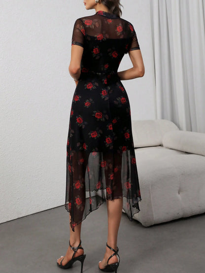 Women's Gothic Sexy, Elegant, Retro Dark Rose Print Mesh High-Neck Fitted Waist Asymmetric Dress With Stretch Vacation Summer