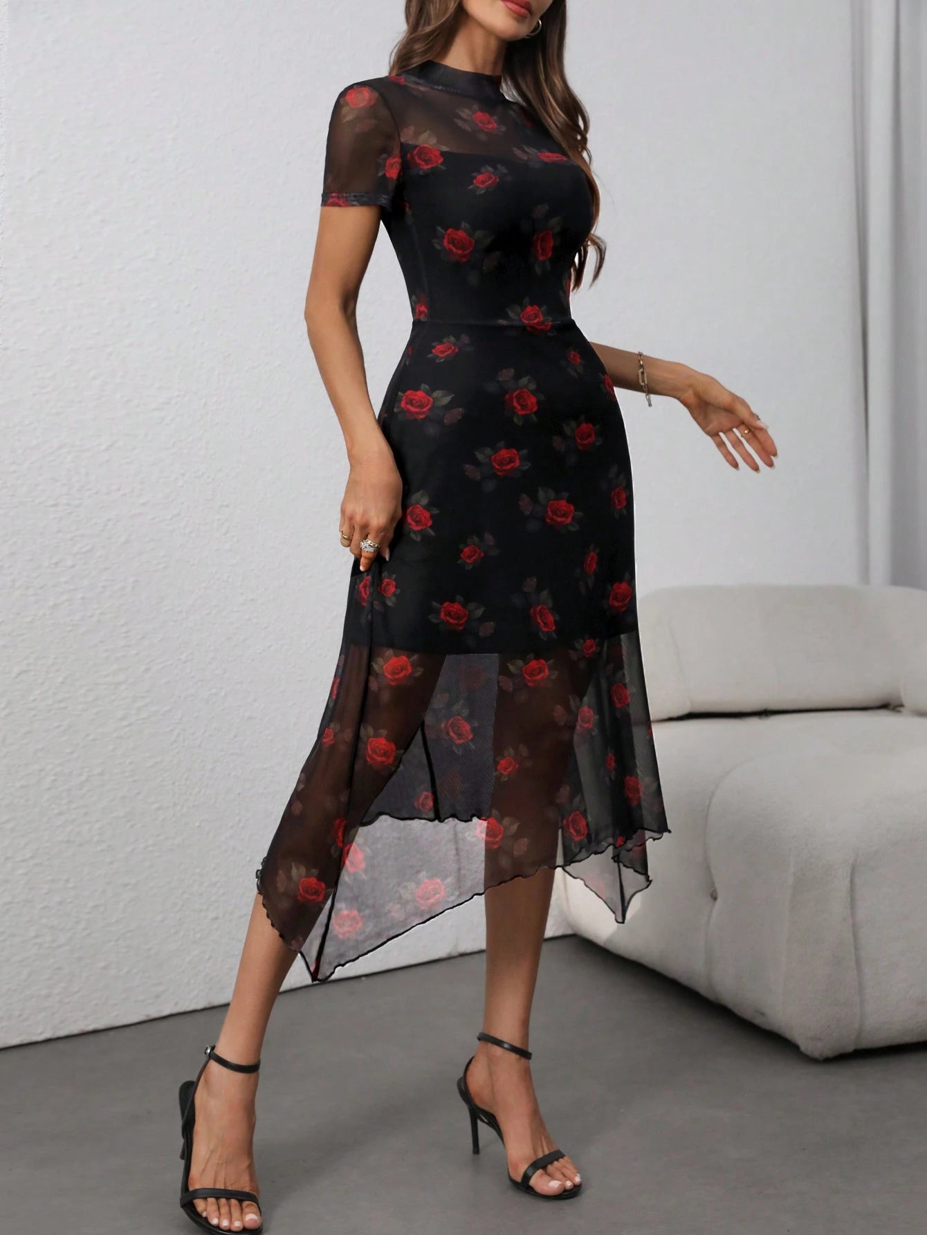Women's Gothic Sexy, Elegant, Retro Dark Rose Print Mesh High-Neck Fitted Waist Asymmetric Dress With Stretch Vacation Summer