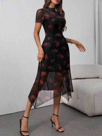Women's Gothic Sexy, Elegant, Retro Dark Rose Print Mesh High-Neck Fitted Waist Asymmetric Dress With Stretch Vacation Summer