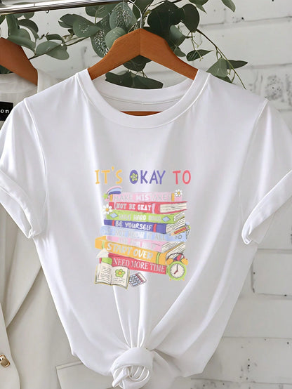 Women's "It's Okay It's Okay" Mental Health Awareness T-Shirt- T-Shirt With Colorful Books And Floral Print Patterns- Casual Short-Sleeved T-Shirt, Suitable For Summer And Autumn, Soft And Comfortab