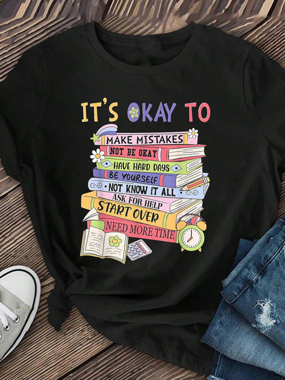 Women's "It's Okay It's Okay" Mental Health Awareness T-Shirt- T-Shirt With Colorful Books And Floral Print Patterns- Casual Short-Sleeved T-Shirt, Suitable For Summer And Autumn, Soft And Comfortab