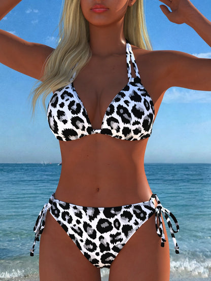 Women's Leopard Print Halter Neck Bikini Top With Side Tie Bikini Set, 2-Piece Swimwear, New Holiday Summer Vacation Travel Sexy Beach