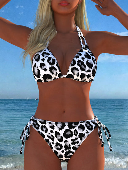 Women's Leopard Print Halter Neck Bikini Top With Side Tie Bikini Set, 2-Piece Swimwear, New Holiday Summer Vacation Travel Sexy Beach