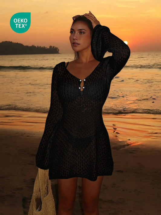 Women's Long Sleeve Hollow Out Swimsuit Cover Up, Elegant Bohemian Beach Resort Style, V-Neck Thin Skirt Vacation Black Summer
