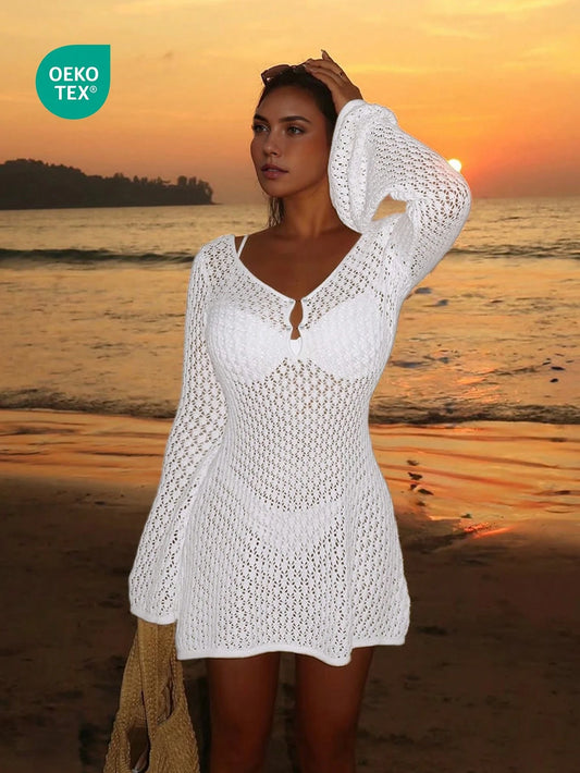 Women's Long Sleeve Hollow Out Swimsuit Cover Up, Elegant Bohemian Beach Resort Style, V-Neck Thin Skirt Vacation White Summer, Crochet