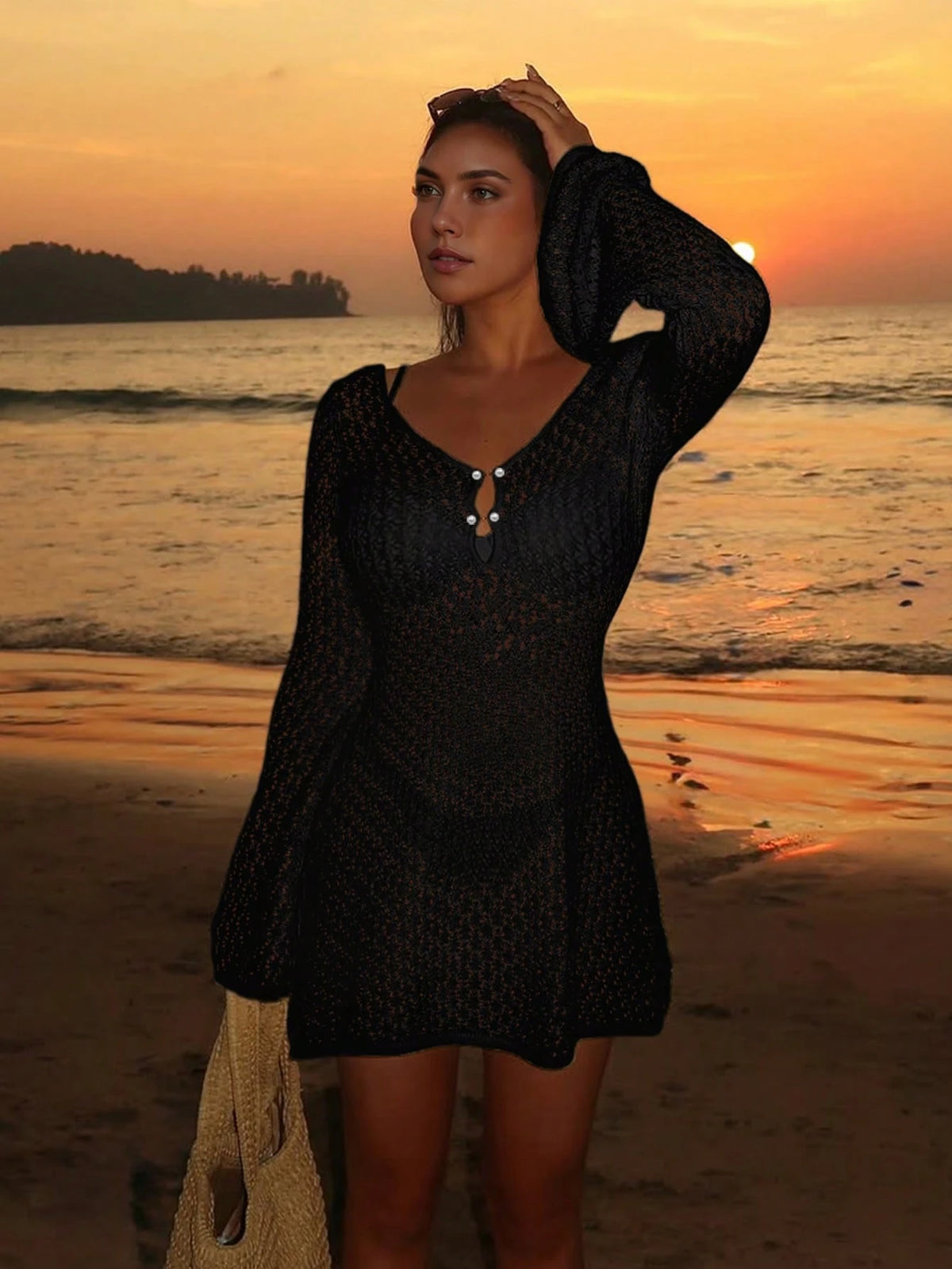 Women's Long Sleeve Hollow Out Swimsuit Cover Up, Elegant Bohemian Beach Resort Style, V-Neck Thin Skirt Vacation Black Summer