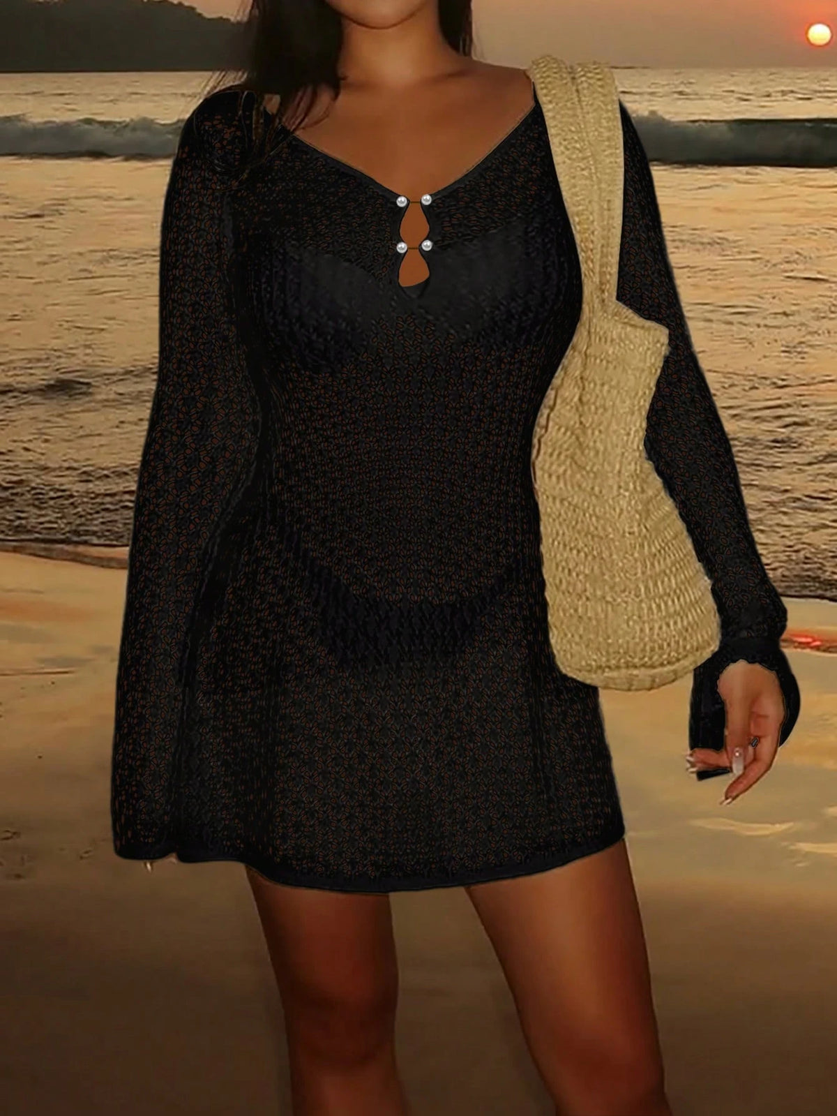 Women's Long Sleeve Hollow Out Swimsuit Cover Up, Elegant Bohemian Beach Resort Style, V-Neck Thin Skirt Vacation Black Summer