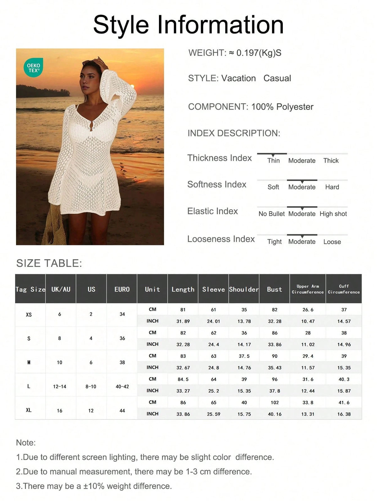 Women's Long Sleeve Hollow Out Swimsuit Cover Up, Elegant Bohemian Beach Resort Style, V-Neck Thin Skirt Vacation Black Summer