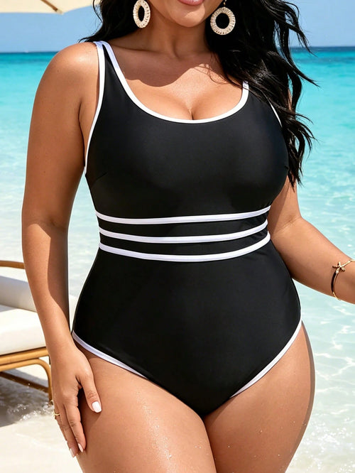 Women's New Plus Size Black And White Contrasting Round Neck, Waist Cinching, Belly Covering, Slimming And Backless One-Piece Swimsuit