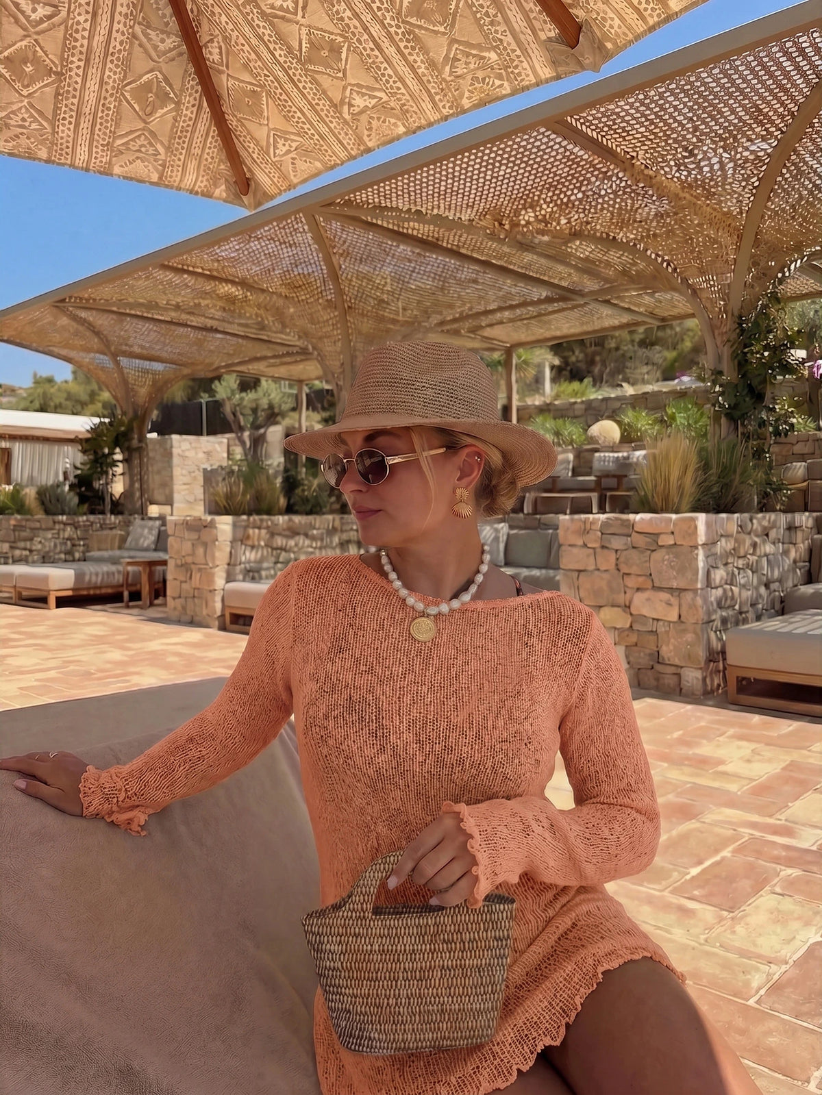 Women's Orange Solid Hollow-Out Long Sleeve Knit Dress, Y2K Casual Loose Fit, Elegant Beach Resort Style, Swimsuit Cover-Up Vacation Summer