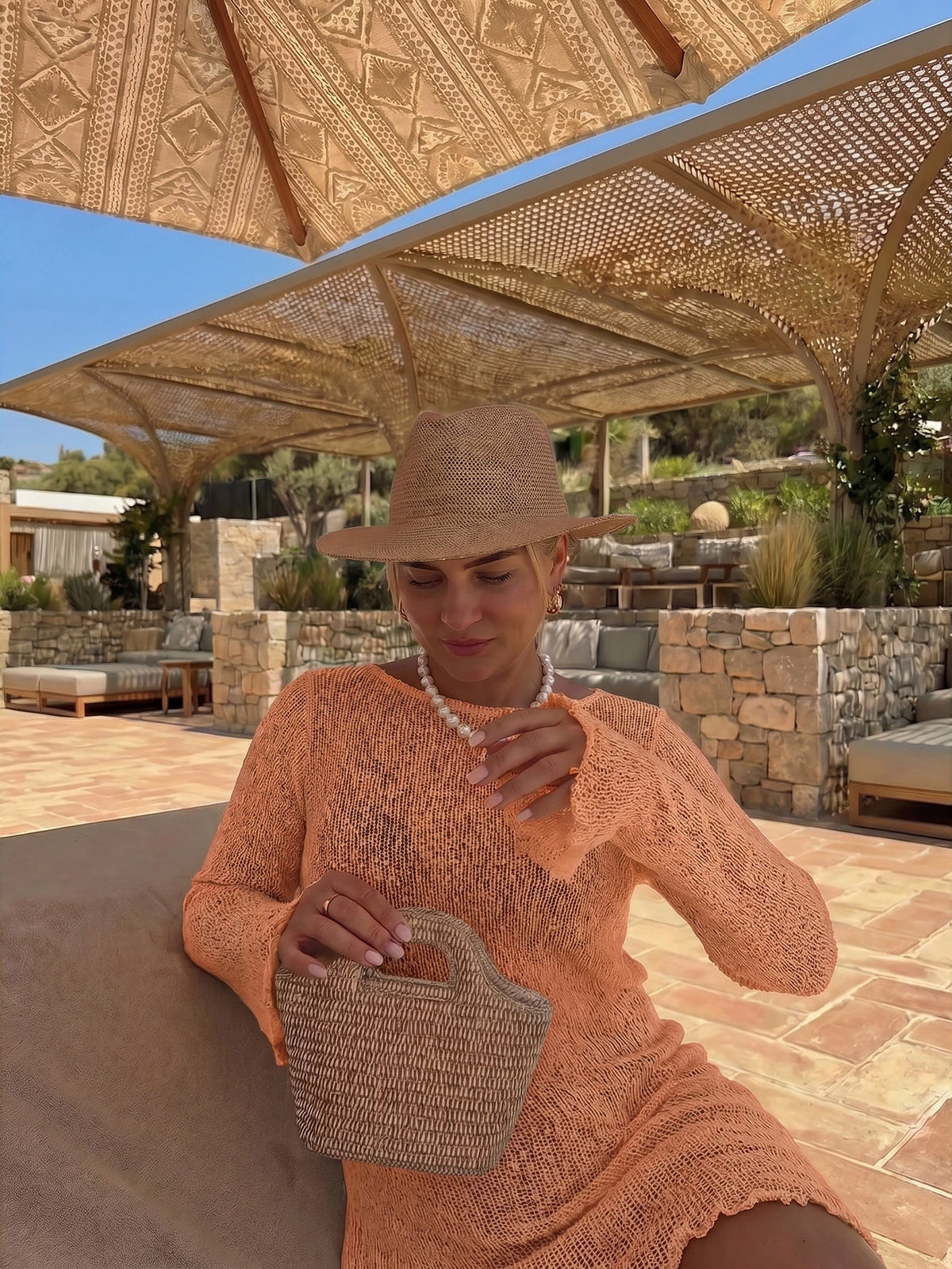 Women's Orange Solid Hollow-Out Long Sleeve Knit Dress, Y2K Casual Loose Fit, Elegant Beach Resort Style, Swimsuit Cover-Up Vacation Summer