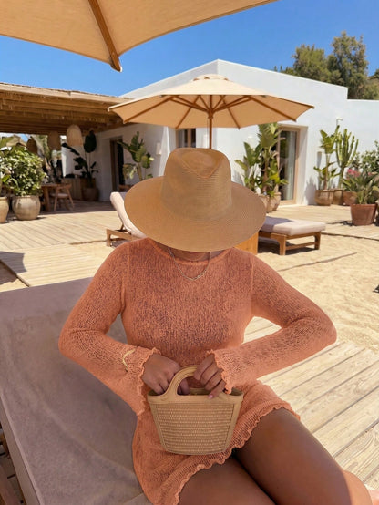 Women's Orange Solid Hollow-Out Long Sleeve Knit Dress, Y2K Casual Loose Fit, Elegant Beach Resort Style, Swimsuit Cover-Up Vacation Summer