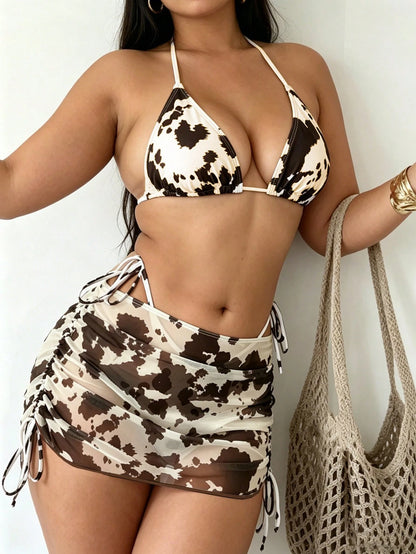 Women's Plus Size Cow Print 3pcs Bikini Set, Push Up Swimwear With Drawstring Mesh Skirt, Tummy Control Bathing Suit For Vacation Beach Summer