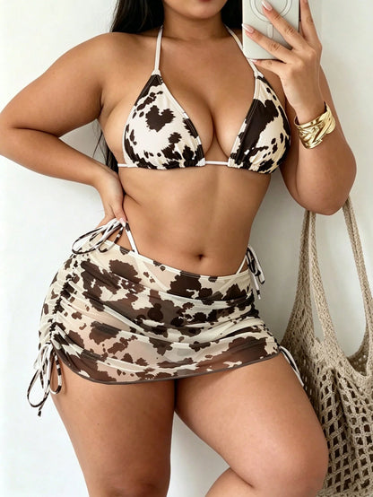 Women's Plus Size Cow Print 3pcs Bikini Set, Push Up Swimwear With Drawstring Mesh Skirt, Tummy Control Bathing Suit For Vacation Beach Summer