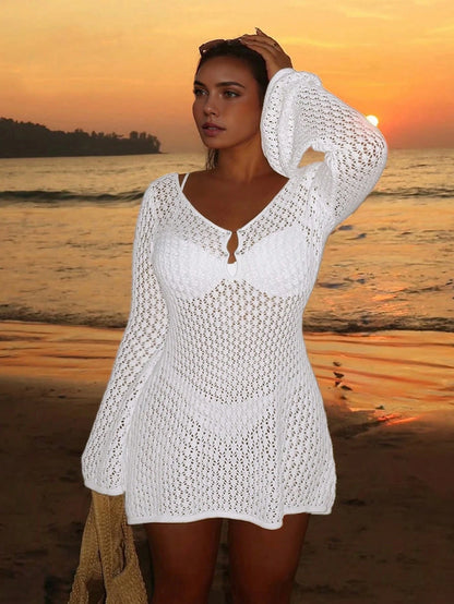 Women's Plus Size Long Sleeve Hollow Crochet Cover-Up, Elegant Bohemian Beach Vacation Style, Pearl Button Sexy V-Neck White Mini Dress, Summer Vacation Kaftan
