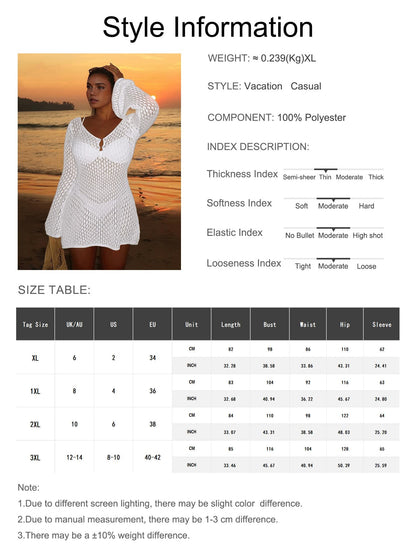 Women's Plus Size Long Sleeve Hollow Crochet Cover-Up, Elegant Bohemian Beach Vacation Style, Pearl Button Sexy V-Neck White Mini Dress, Summer Vacation Kaftan
