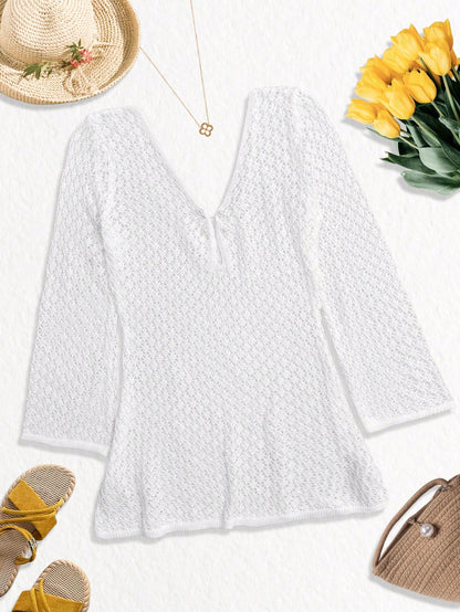 Women's Plus Size Long Sleeve Hollow Crochet Cover-Up, Elegant Bohemian Beach Vacation Style, Pearl Button Sexy V-Neck White Mini Dress, Summer Vacation Kaftan