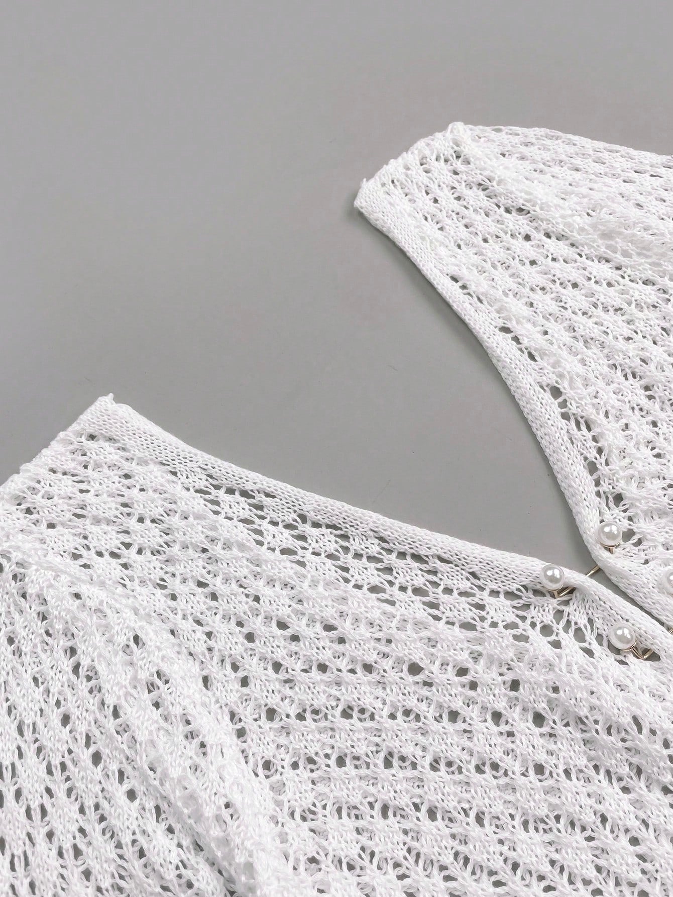 Women's Plus Size Long Sleeve Hollow Crochet Cover-Up, Elegant Bohemian Beach Vacation Style, Pearl Button Sexy V-Neck White Mini Dress, Summer Vacation Kaftan