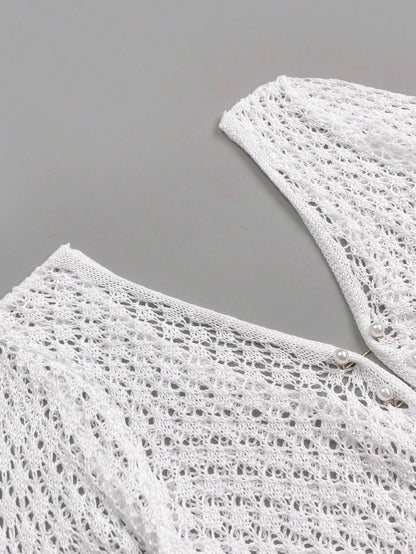 Women's Plus Size Long Sleeve Hollow Crochet Cover-Up, Elegant Bohemian Beach Vacation Style, Pearl Button Sexy V-Neck White Mini Dress, Summer Vacation Kaftan