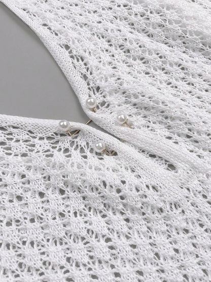 Women's Plus Size Long Sleeve Hollow Crochet Cover-Up, Elegant Bohemian Beach Vacation Style, Pearl Button Sexy V-Neck White Mini Dress, Summer Vacation Kaftan
