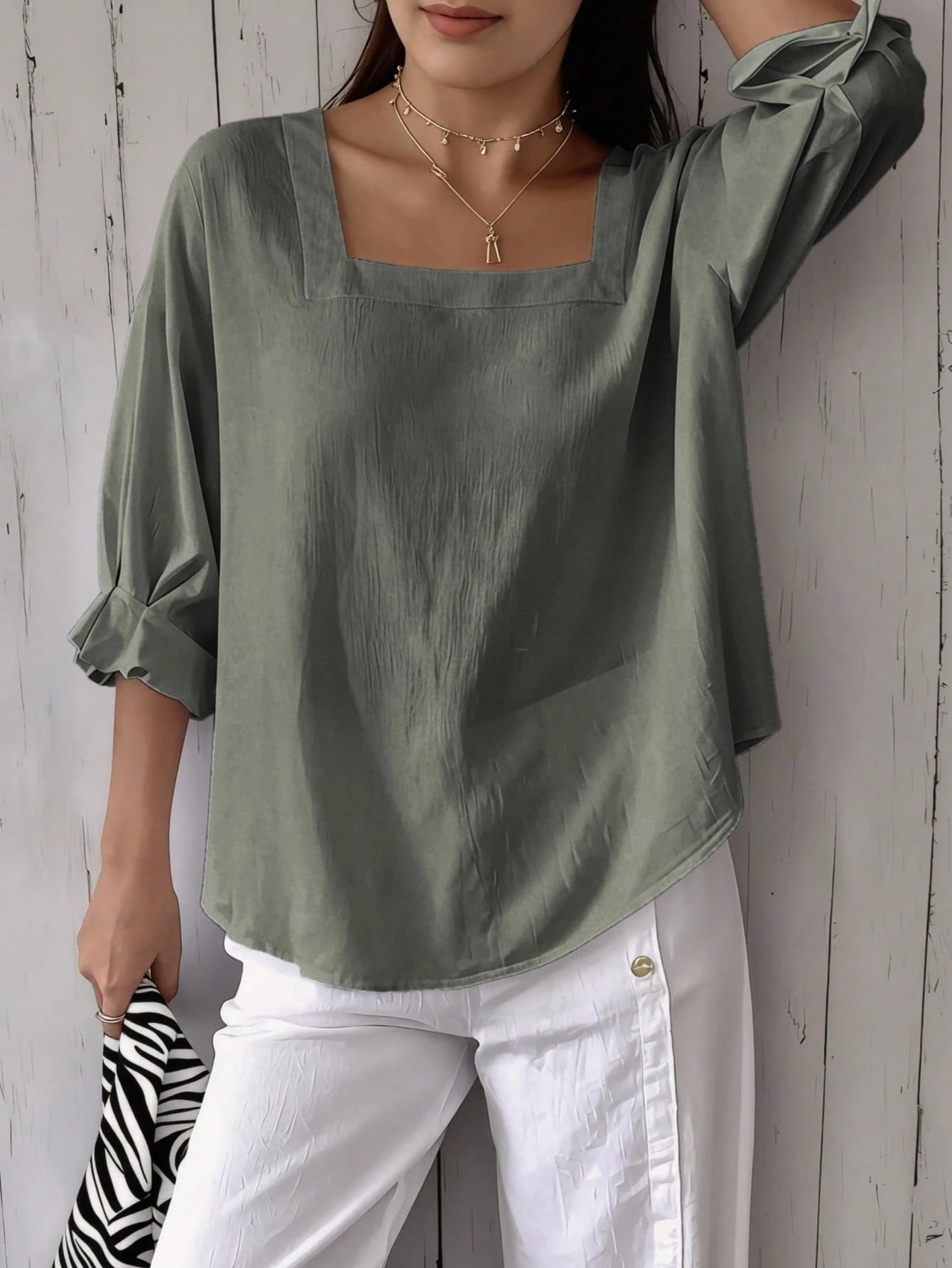 Women's Plus Size Short Sleeve Solid Color Square Neck Drop Shoulder Lotus Ruffle Cuff Summer Blouse