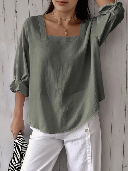 Women's Plus Size Short Sleeve Solid Color Square Neck Drop Shoulder Lotus Ruffle Cuff Summer Blouse
