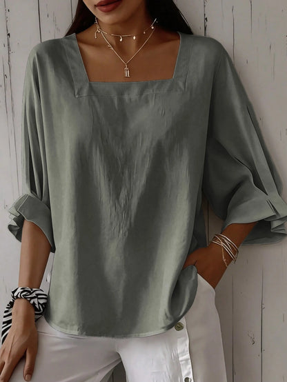 Women's Plus Size Short Sleeve Solid Color Square Neck Drop Shoulder Lotus Ruffle Cuff Summer Blouse