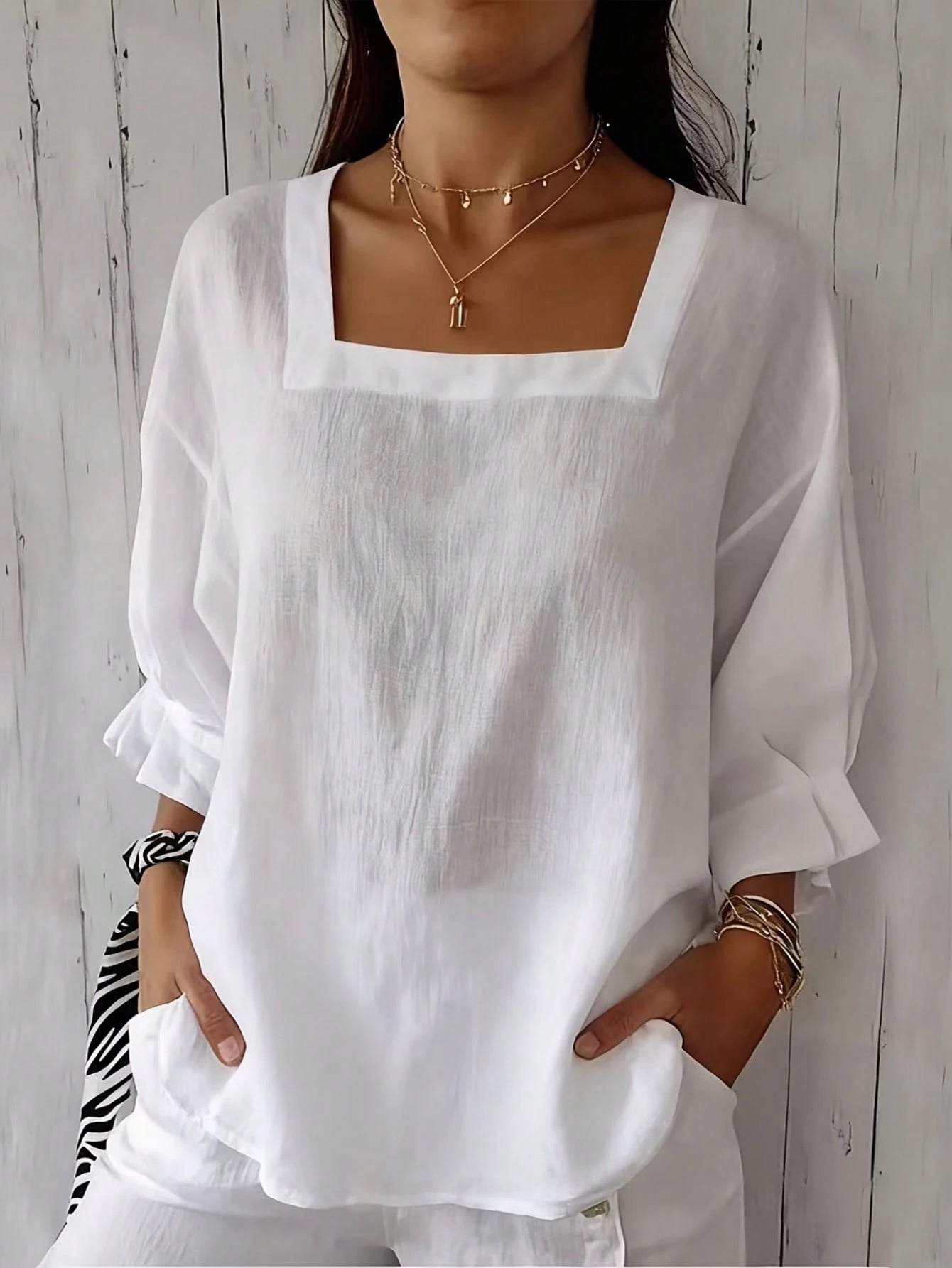 Women's Plus Size Short Sleeve Solid Color Square Neck Drop Shoulder Lotus Ruffle Cuff Summer Blouse