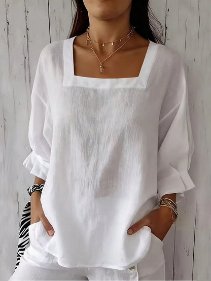 Women's Plus Size Short Sleeve Solid Color Square Neck Drop Shoulder Lotus Ruffle Cuff Summer Blouse