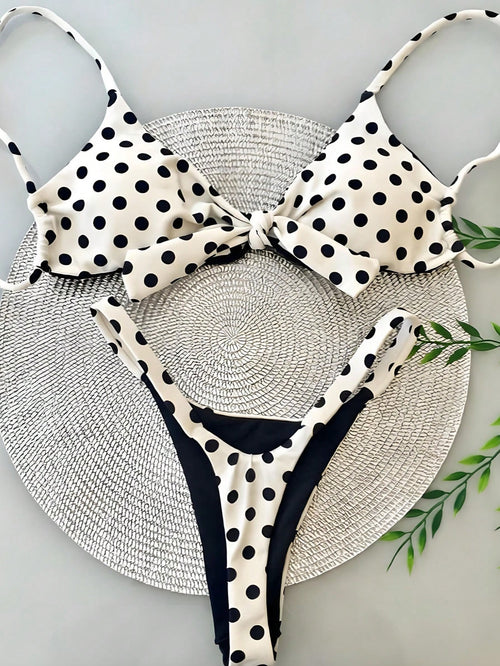 Women's Polka Dot Print Spaghetti Strap Bikini Set, Suitable For Christmas, New Year And Other Important Occasions, Elegant Beach Vacation Swimwear Two Pieces Set For Summer